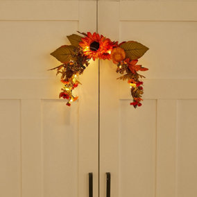 Artificial Sunflower Swag Wreath with Pumpkins for Halloween Hanging Decor 35cm