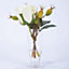 Artificial White Canary Arrangement In Footed Glass Vase - Faux Iceberg Rose Flower & Rosehip Indoor Home Decoration - H18 x W10cm