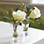 Artificial White Canary Arrangement In Footed Glass Vase - Faux Iceberg Rose Flower & Rosehip Indoor Home Decoration - H18 x W10cm