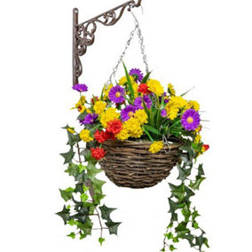 Artificial Wildflower Flowers Rattan Hanging Basket Decoration Purple Yellow and Orange 25cm