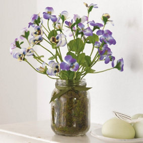 Artificial Wood Nymph Arrangement in Glass Vase - Faux Fake Realistic Purple Viola Flower Home Decoration - Measures H26 x W20cm