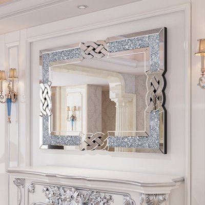 ARTLOGE 100x70cm Luxury Crystal Decorative Wall Mirror Large Crush Diamond Silver Accent Mirror