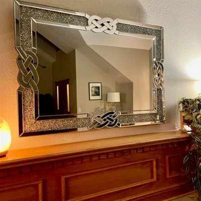 ARTLOGE 100x70cm Luxury Crystal Decorative Wall Mirror Large Crush Diamond Silver Accent Mirror