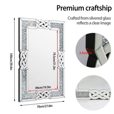 ARTLOGE 100x70cm Luxury Crystal Decorative Wall Mirror Large Crush Diamond Silver Accent Mirror