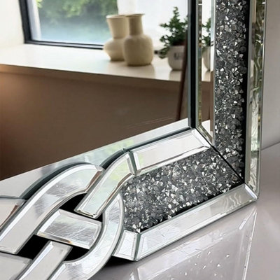 ARTLOGE 100x70cm Luxury Crystal Decorative Wall Mirror Large Crush Diamond Silver Accent Mirror