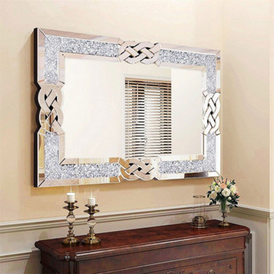 ARTLOGE 100x70cm Luxury Crystal Decorative Wall Mirror Large Crush Diamond Silver Accent Mirror