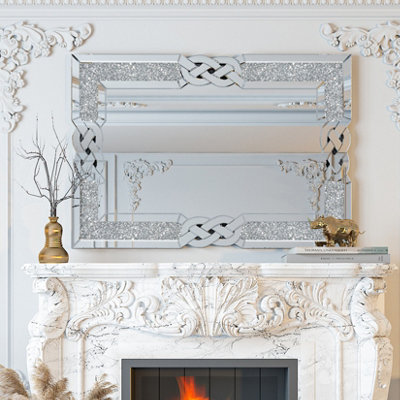 ARTLOGE 100x70cm Luxury Crystal Decorative Wall Mirror Large Crush Diamond Silver Accent Mirror
