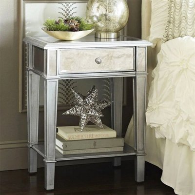 Artloge 2 Tier Luxury Silver Mirrored Side Table Nightstand with Drawer Sofa Side Bedside