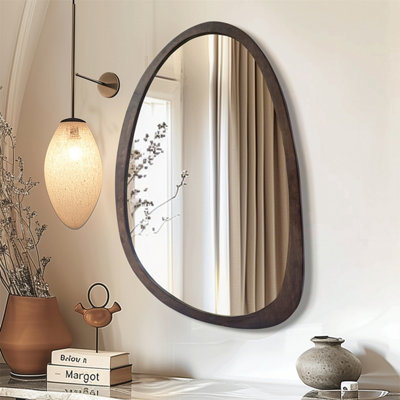 Artloge 50x70cm Wooden Frame Irregular Mirror Asymmetric Pebble Wall Mirror Horizontal & Vertical Hang