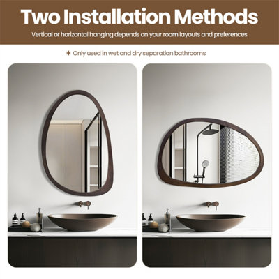 Artloge 50x70cm Wooden Frame Irregular Mirror Asymmetric Pebble Wall Mirror Horizontal & Vertical Hang