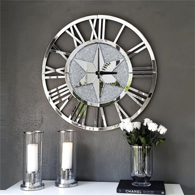 Artloge 60cm Sparkly Silver Crushed Diamond Clock Crystal Mirror Wall ...