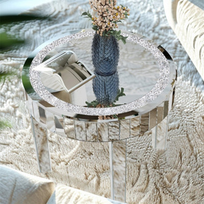 Artloge 60x50cm Small Crushed Crystal Mirrored Coffee Table Round Sofa Livingroom Carpet Leisure Table