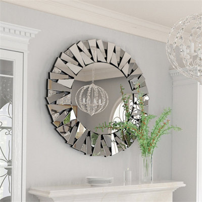 Artloge 80cm Unique Sunburst Decorative Wall Mirror Round Beveled Wall Mirrors Bathroom