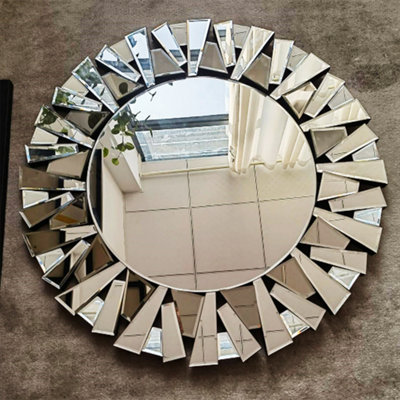 Artloge 80cm Unique Sunburst Decorative Wall Mirror Round Beveled Wall Mirrors Bathroom