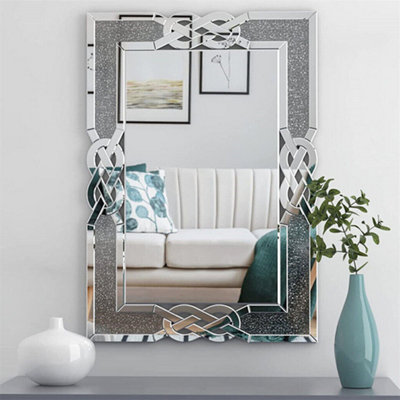ARTLOGE 90x60cm Crushed Diamond Wall Mirror Diamante Gems Crystal Sparkly Silver Home Décor