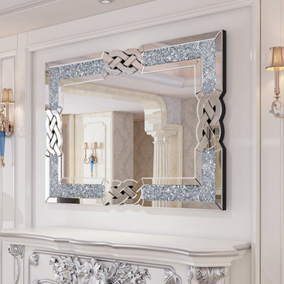 ARTLOGE 90x60cm Crushed Diamond Wall Mirror Diamante Gems Crystal Sparkly Silver Home Décor