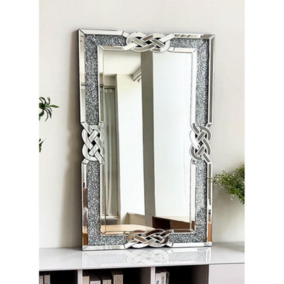 ARTLOGE 90x60cm Crushed Diamond Wall Mirror Diamante Gems Crystal Sparkly Silver Home Décor