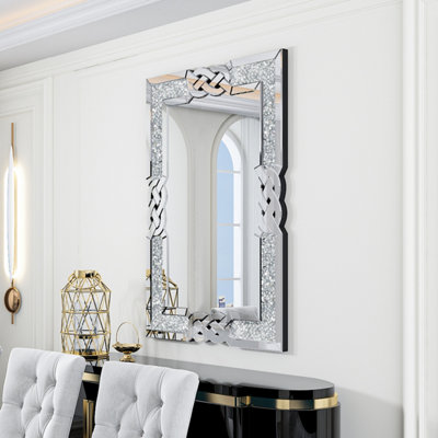 ARTLOGE 90x60cm Crushed Diamond Wall Mirror Diamante Gems Crystal Sparkly Silver Home Décor