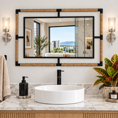 Artloge Black Iron Natural Rope 60x90cm Wall Mirror Bathroom Vanity ...