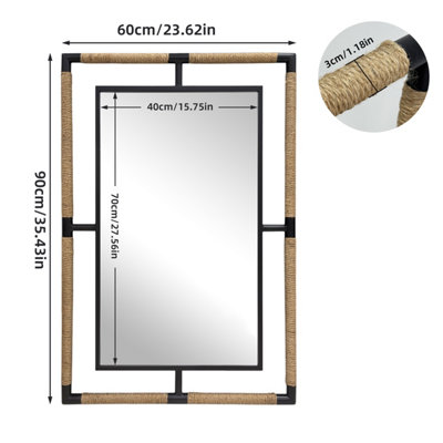 Artloge Black Iron Natural Rope 60x90cm Wall Mirror Bathroom Vanity ...