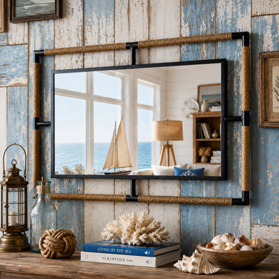 Artloge Black Iron Natural Rope 60x90cm Wall Mirror Bathroom Vanity Mirror, Horizontal Vertical