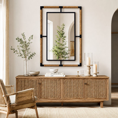 Artloge Black Iron Natural Rope 60x90cm Wall Mirror Bathroom Vanity Mirror, Horizontal Vertical