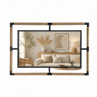 Artloge Black Iron Natural Rope 60x90cm Wall Mirror Bathroom Vanity Mirror, Horizontal Vertical