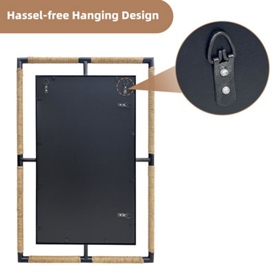 Artloge Black Iron Natural Rope 60x90cm Wall Mirror Bathroom Vanity Mirror, Horizontal Vertical