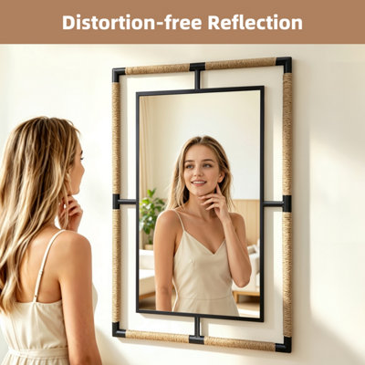 Artloge Black Iron Natural Rope 60x90cm Wall Mirror Bathroom Vanity Mirror, Horizontal Vertical