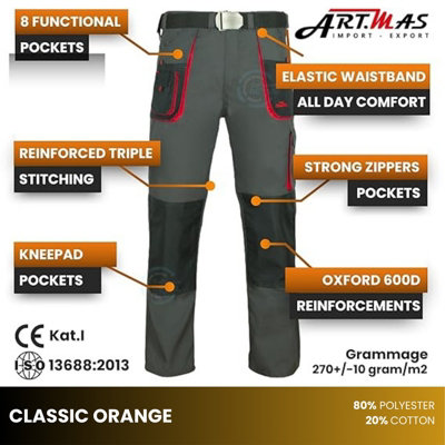 ArtMas Grey Orange Work Trousers for Men size UK34 with Belt Knee
