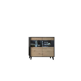 Artona 81 Display Cabinet - Sleek Oak Artisan & Black Matt with Glass Doors - W1260mm x H1180mm x D400mm