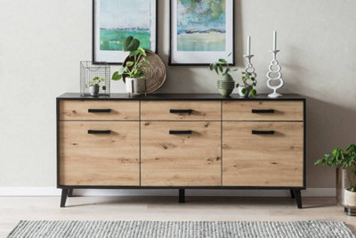 Artona 84 Sideboard Cabinet with Hinged Doors - Elegant Oak Artisan & Black Matt Finish - W1860mm x H850mm x D400mm