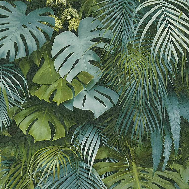 AS Creation 3D Effect Tropical Tree Palm Leaf Wallpaper Vinyl Green Blue  37280-3 | DIY at B&Q