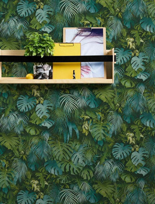 AS Creation 3D Effect Tropical Tree Palm Leaf Wallpaper Vinyl Green Blue 37280-3