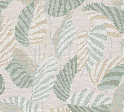 AS Creation Antigua Stripe Jungle Leaf Motif Beige Cream Green Wallpaper 390943