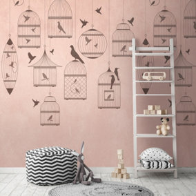 AS Creation Bird Cage Animals Pink Wallpaper Feature Wall Mural 159 x 280cm