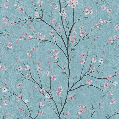 AS Creation Cherry Blossom Floral Trail Wallpaper Teal Green Pink Black 37912-3