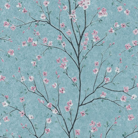 AS Creation Cherry Blossom Floral Trail Wallpaper Teal Green Pink Black 37912-3
