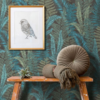 AS Creation Famous Garden Fern Leaves Botanical Themed Blue/Green/Black Wallpaper