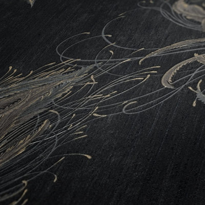 AS Creation Feather Wallpaper Metallic Glitter Textured Vinyl Grey Black Gold 38009-4