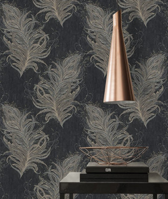 AS Creation Feather Wallpaper Metallic Glitter Textured Vinyl Grey Black Gold 38009-4
