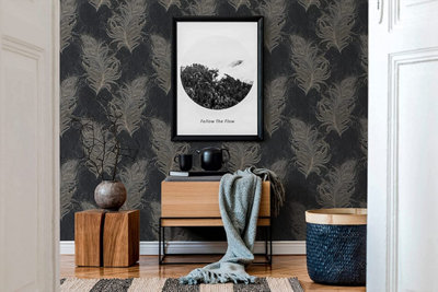 AS Creation Feather Wallpaper Metallic Glitter Textured Vinyl Grey Black Gold 38009-4