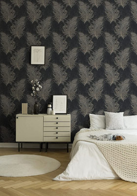 AS Creation Feather Wallpaper Metallic Glitter Textured Vinyl Grey Black Gold 38009-4
