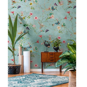 AS Creation Floral Butterfly Duck Egg Wallpaper Feature Wall Mural 159 x 280cm