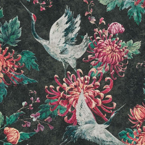 AS Creation Floral Crane Black Wallpaper Modern Textured Paste The Wall Vinyl
