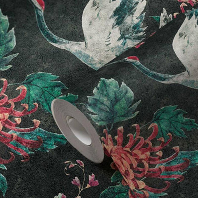 AS Creation Floral Crane Black Wallpaper Modern Textured Paste The Wall Vinyl