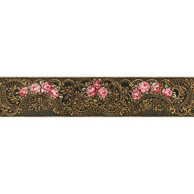 AS Creation Floral Rose Swirl Print Wallpaper Border Pink Gold Black Textured