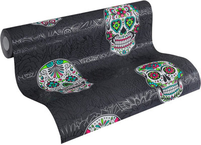 AS Creation Gothic Skull Wallpaper Floral Embossed Black