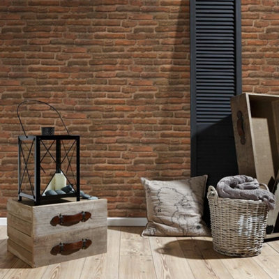 As Creation House Brick Pattern Wallpaper Faux Effect Realistic Stone Embossed Red Orange 307471