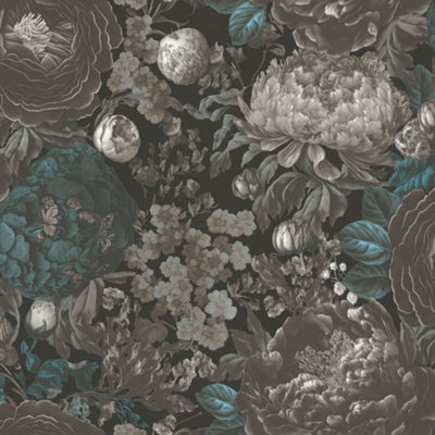 AS Creation Michalsky Burnt Deep Slate Grey & Blue Roses Wallpaper 39979-2